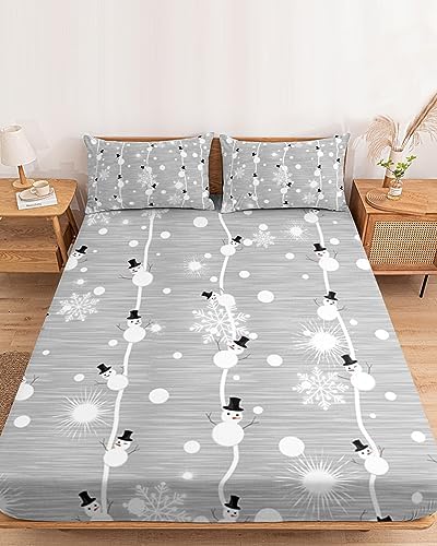 Chees D Zone Twin Fitted Sheet Set with Deep Pocket Snowman Pattern