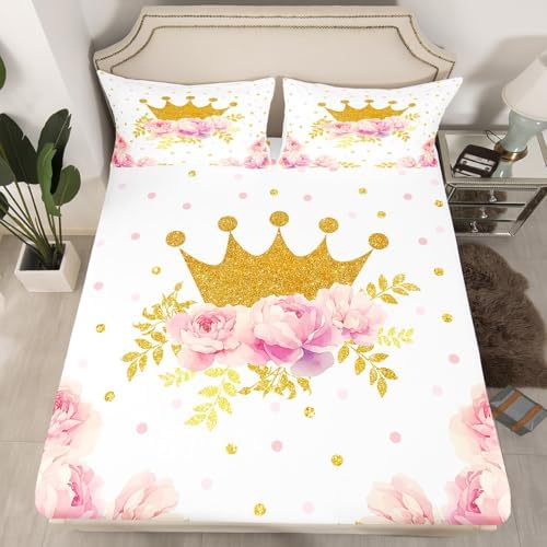 Castle Fairy Princess Crown Purple Floral Sheet Set Twin Size