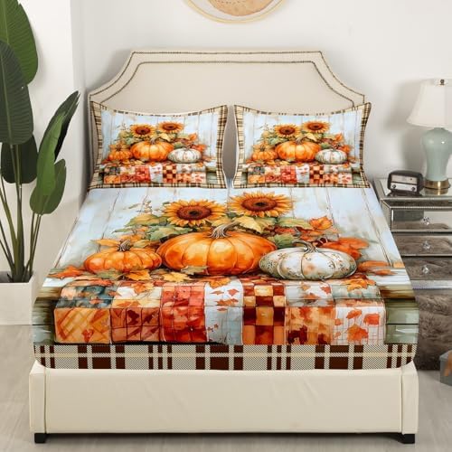 Fall Pumpkin Fitted Sheet Set Twin Size with Pillowcase