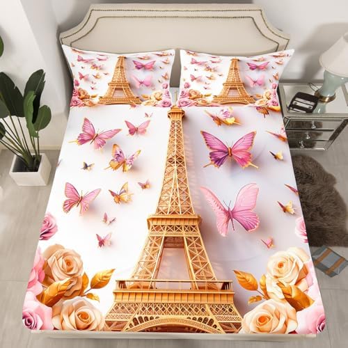 Castle Fairy Pink Flowers Eiffel Tower Twin Sheet Set
