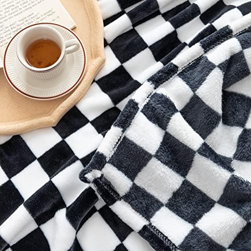 LOMAO Soft Flannel Throw Blanket with Checkerboard Pattern Black 50x60