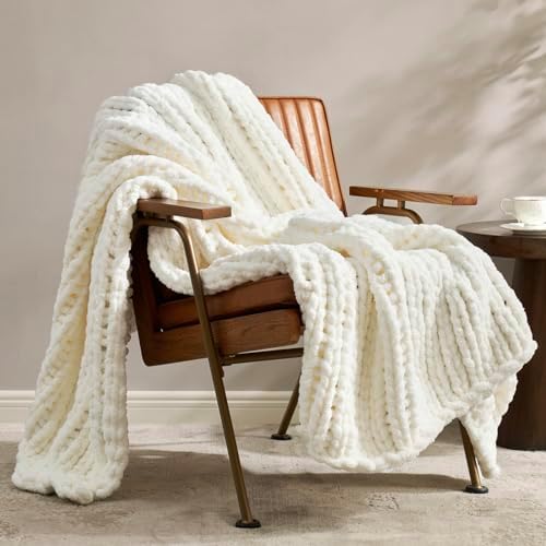 Amlie Home Chunky Knit Throw Blanket Ivory 40x50