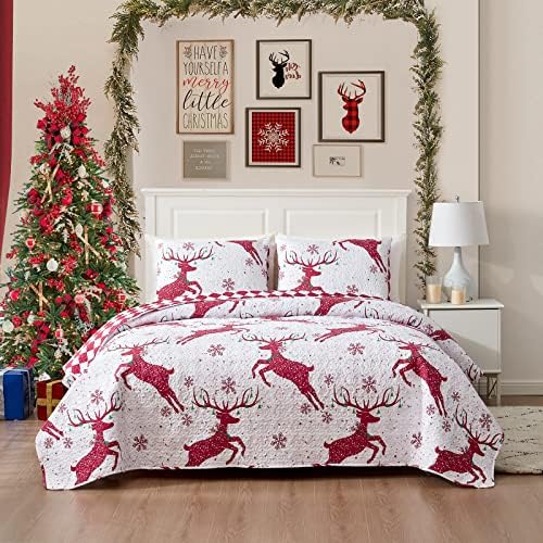 Christmas Queen Quilt Set with Reindeer Print and Pillowcases
