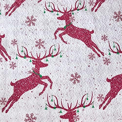 Christmas Queen Quilt Set with Reindeer Print and Pillowcases